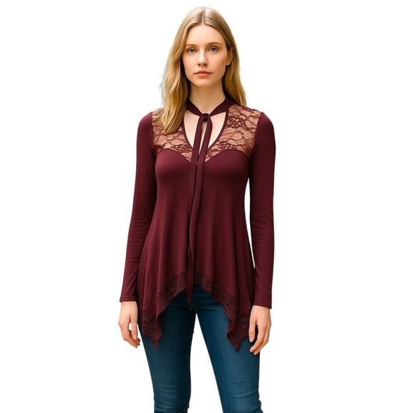 Xhilaration Burgundy Lace Detail Blouse - Picture 1 of 13
